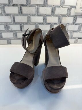 See By Chloe: Suede Ankle-Strap Platform Heels in Dark Gray